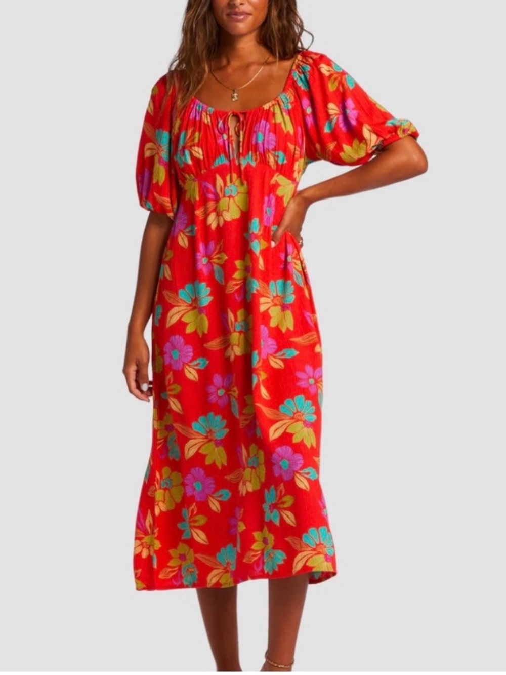 Billabong True Romance Midi Dress Bright Poppy Floral Boho Puff Sleeve